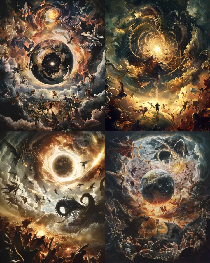 The earth surrounded by angels and demons, in the 