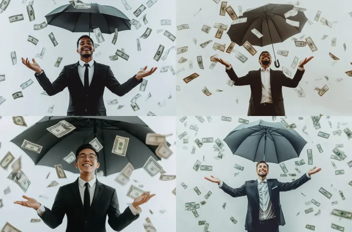 A businessman standing under an umbrella , smiling