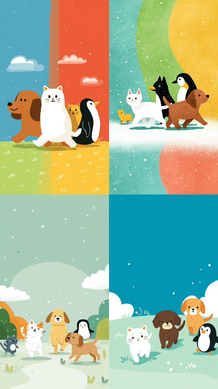 cute cats and penguins playing on the grass, simpl