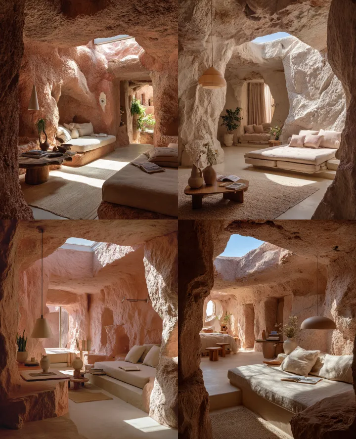 The interior design of the bedroom in a cave made 