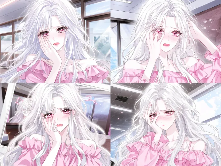 A 22 year old woman with long white hair, pink eye