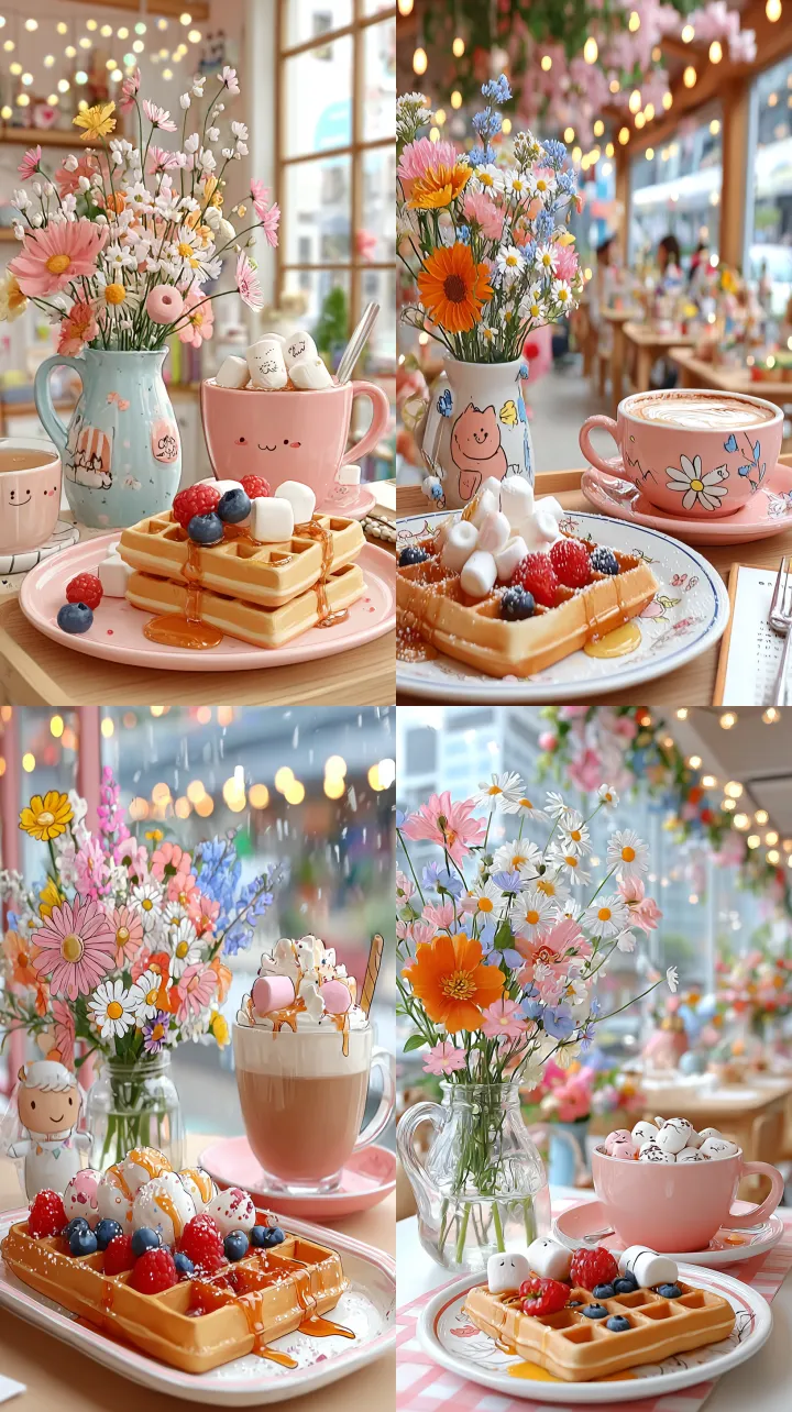 a bright cozy cafe during soft rain, waffles with 