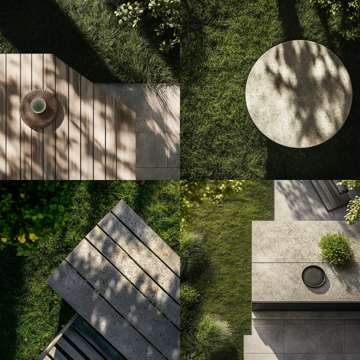 A garden table outdoors viewed entirely from a top