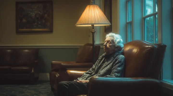 an elderly lady sitting alone on a leather chair i