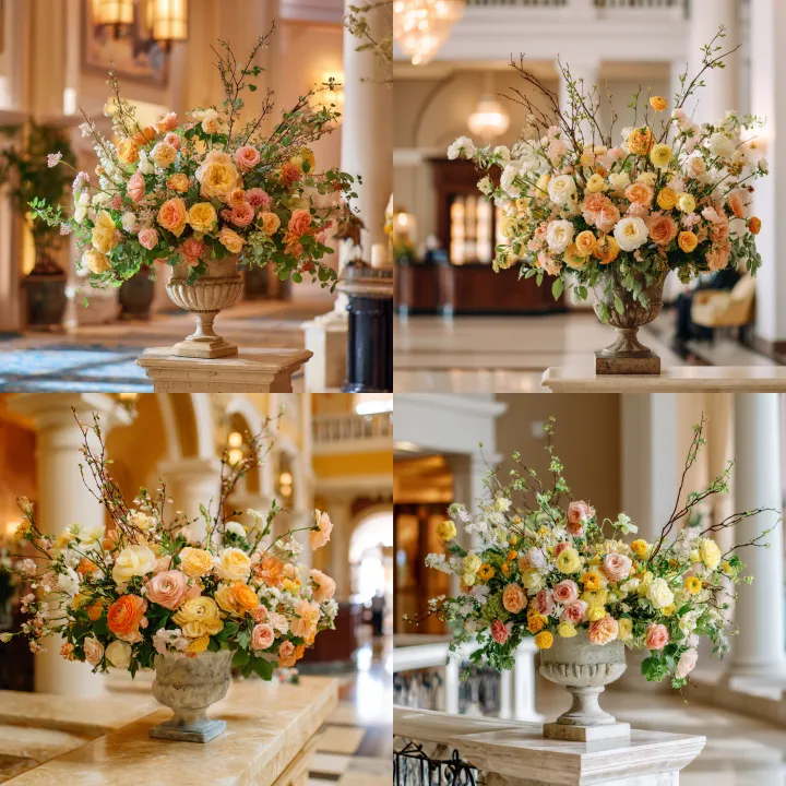 elegant resort lobby floral arrangement in a sculp