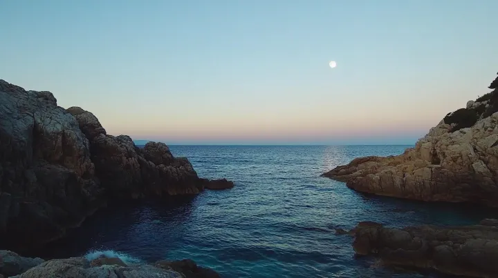 A photograph of the sea horizon at dusk , with a s