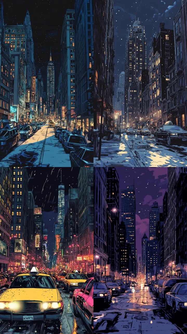 close up new -york city street at night in comics 