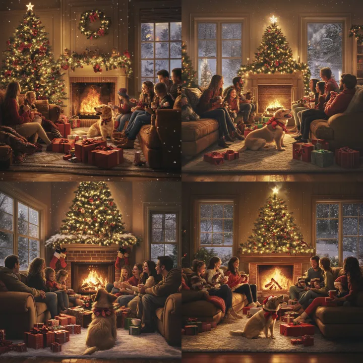 A cozy and heartwarming holiday scene : a warmly l