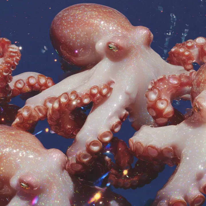A few white octopus with crimson spots, drifting s