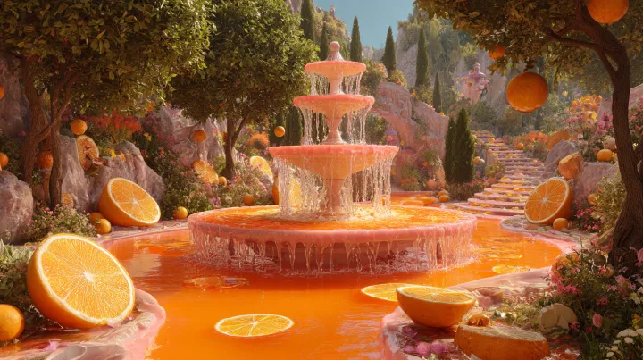 a pink fantasy landscape made from breakfast food,