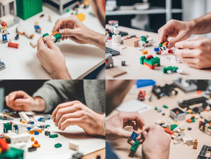 man is playing with lego , close up view hands wit