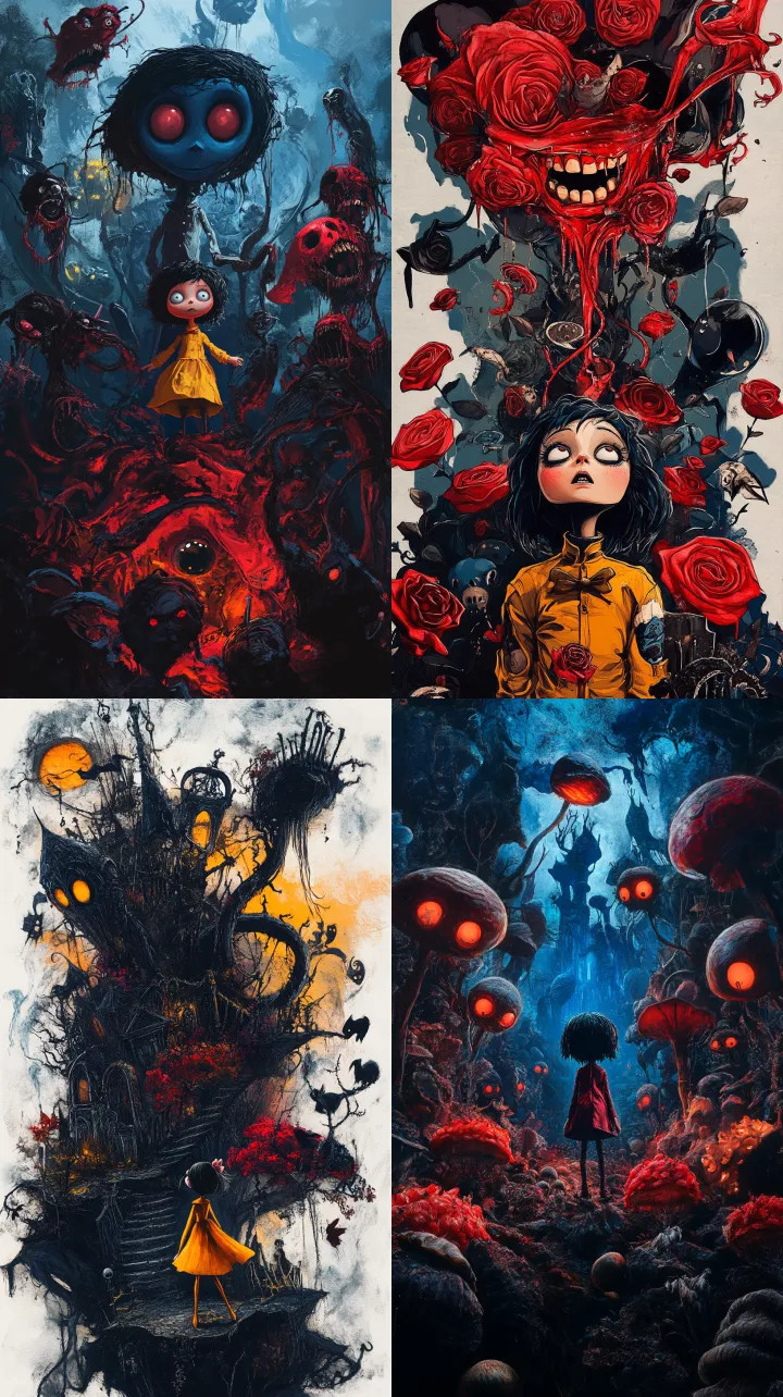 An illustration of Coraline lost in Wonderland in 