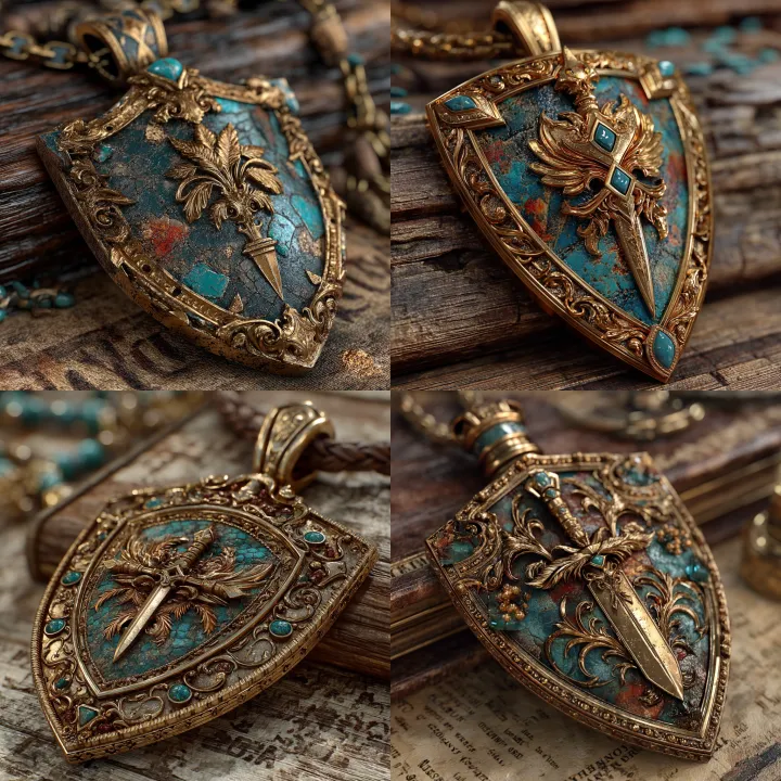 Elaborate shield pendant inspired by classic symbo