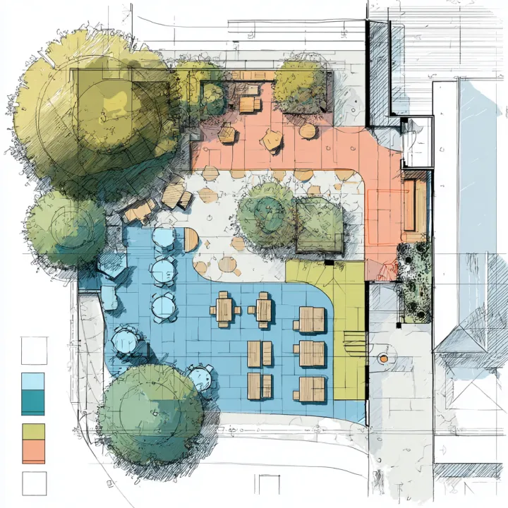 colorful elementary school sport court, site plan,