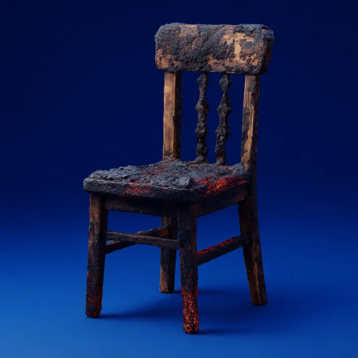 old fashioned wooden chair that was burned, bits o