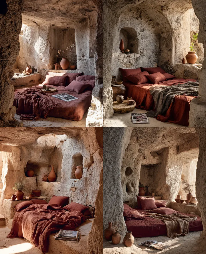 A bedroom carved into the rocks, a bed made of bur