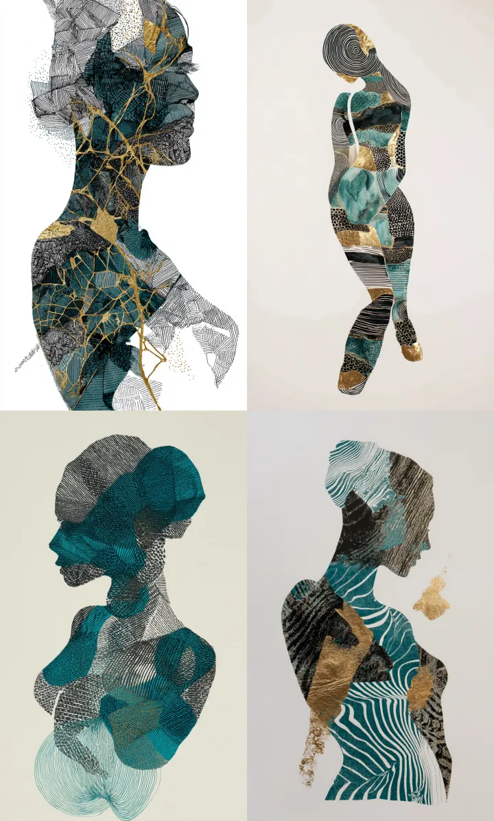 an abstract drawing of a woman's body in teal and 