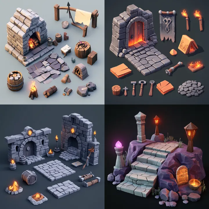 low poly game assets for a dungeon game --v 6 .1