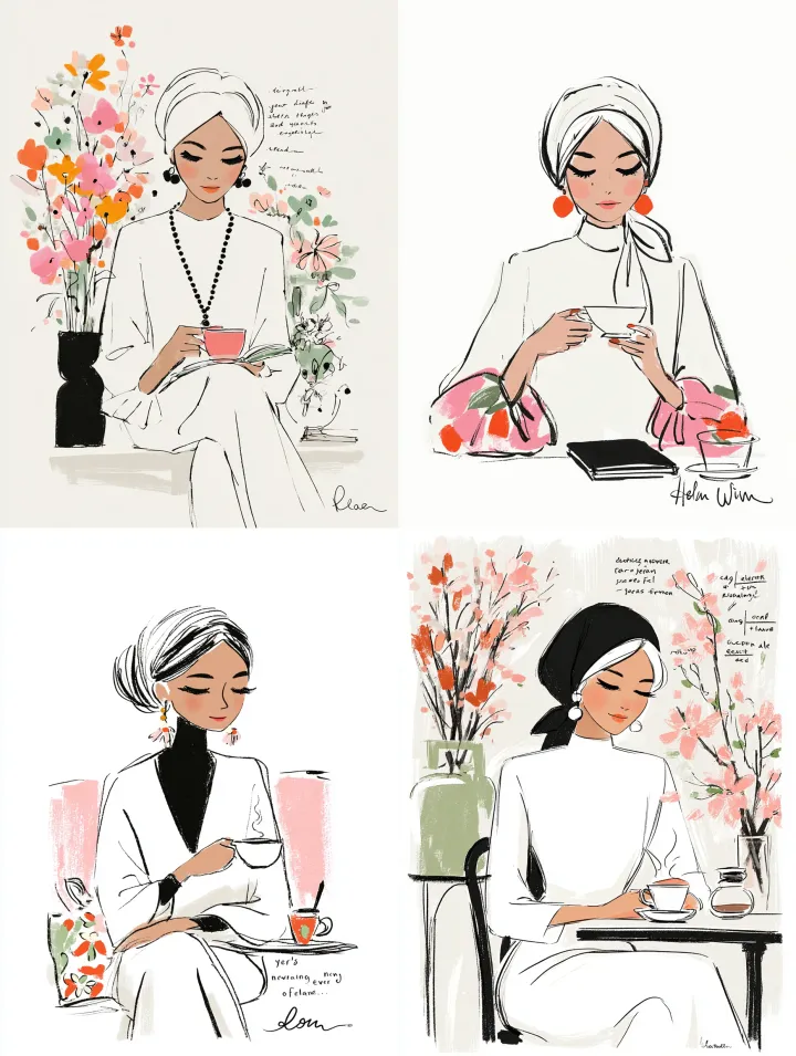 Elegant sketchnote capturing a lady in white Malay
