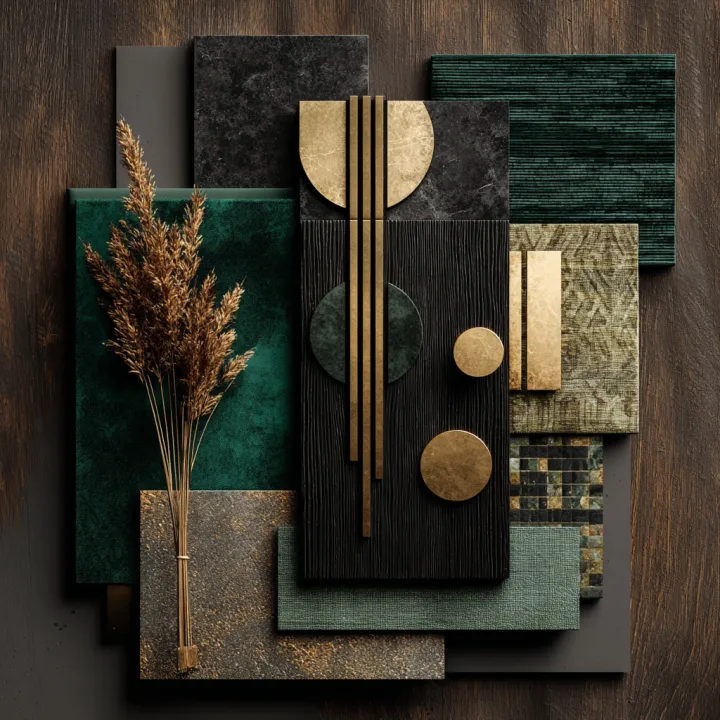 materials board for modern art deco interior desig