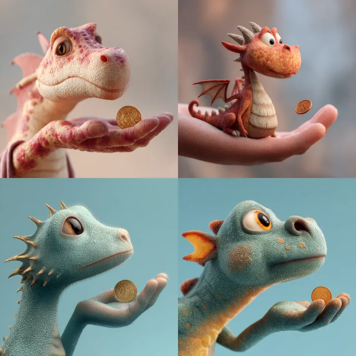 fairytale dragon's hand holding a little coin on t