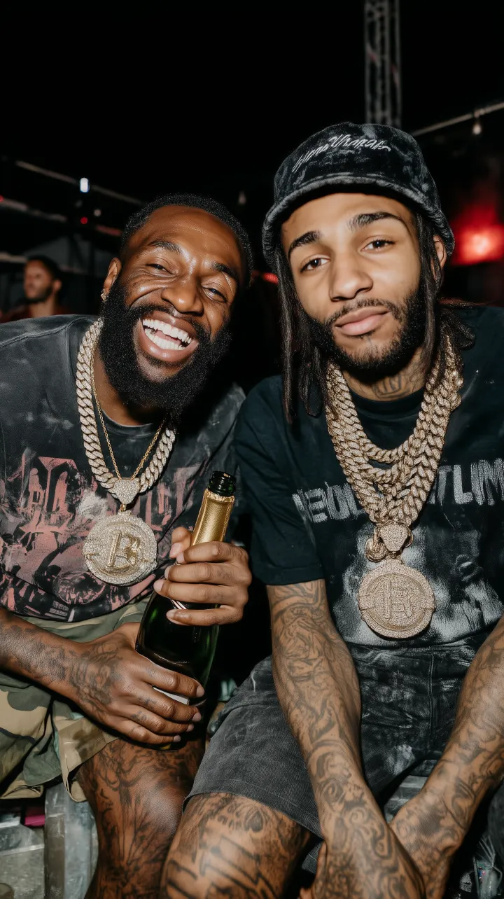 Ultra-photoreal nightclub crowd scene, two rappers