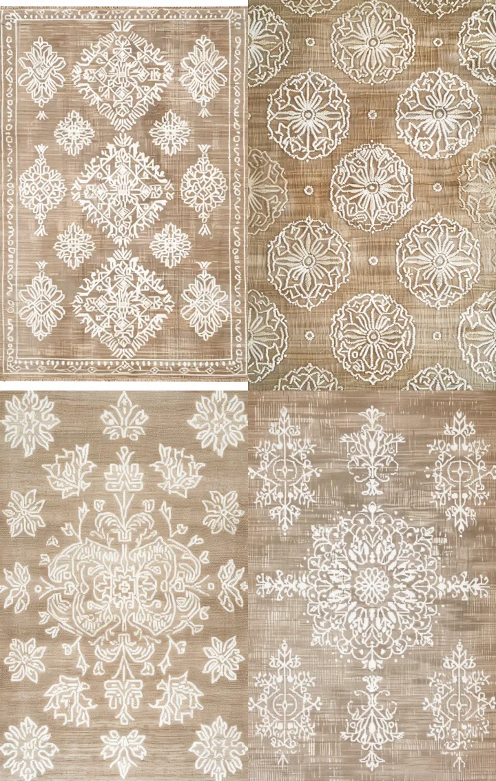 a beige rug with intricate white embroidery design