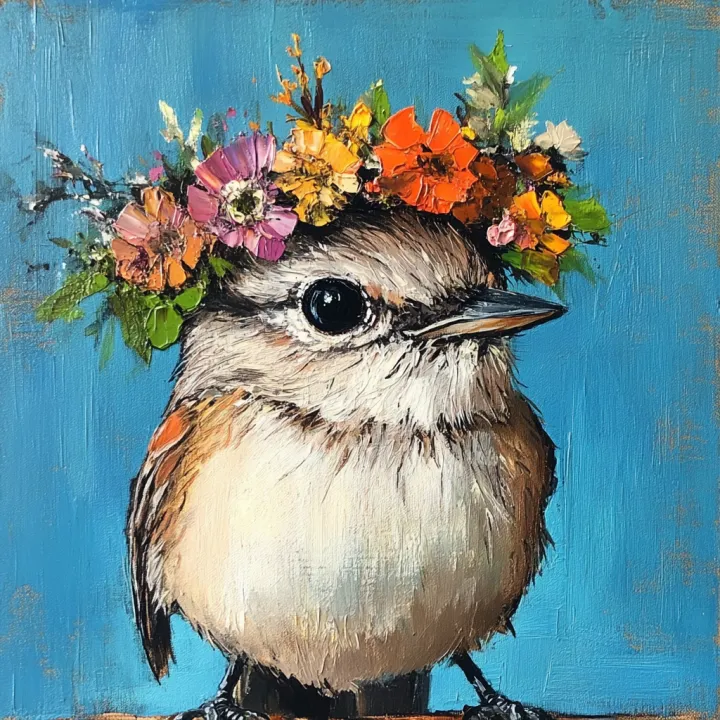 wren with large flower crown blue background paint