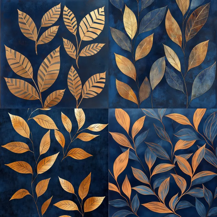 Leaves with bronze stripes on a dark blue backgrou