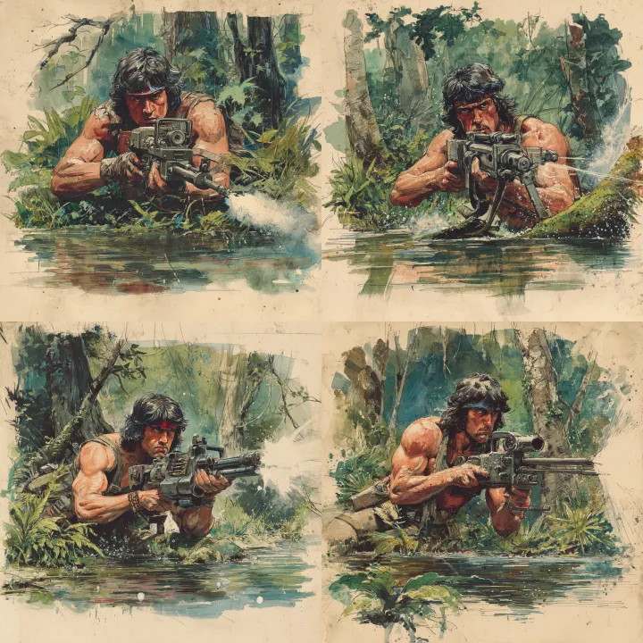 comic book illustration of Rambo in a swamp shooti