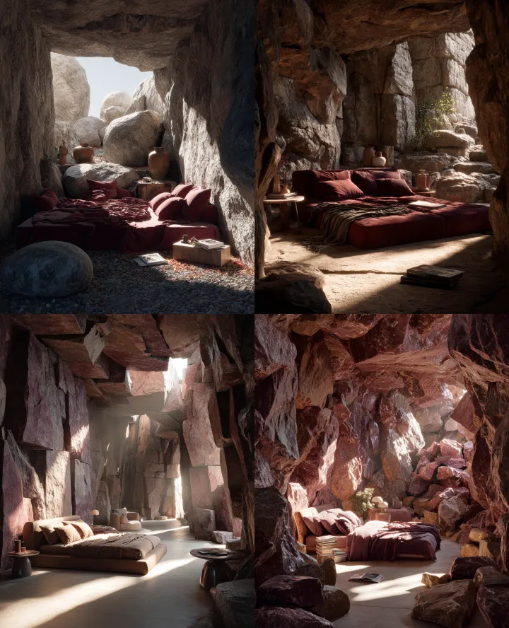 A bedroom made from burgundy stones and rocks, a b