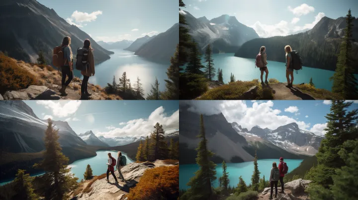 Two beautiful young women hiking along a mountain 