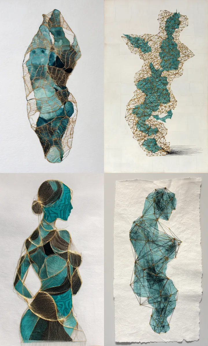 a drawing of a woman's body made up of turquoise a