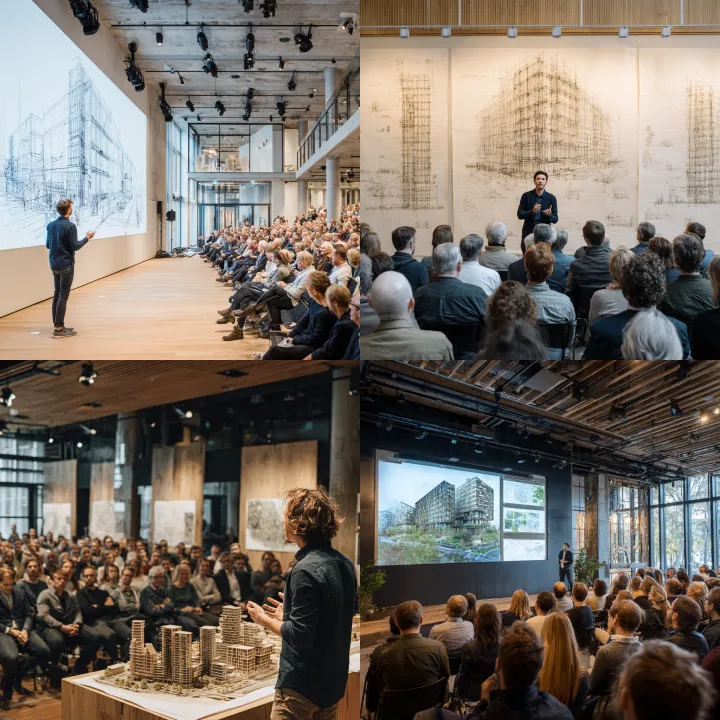 An architect is presenting his project to 100 peop