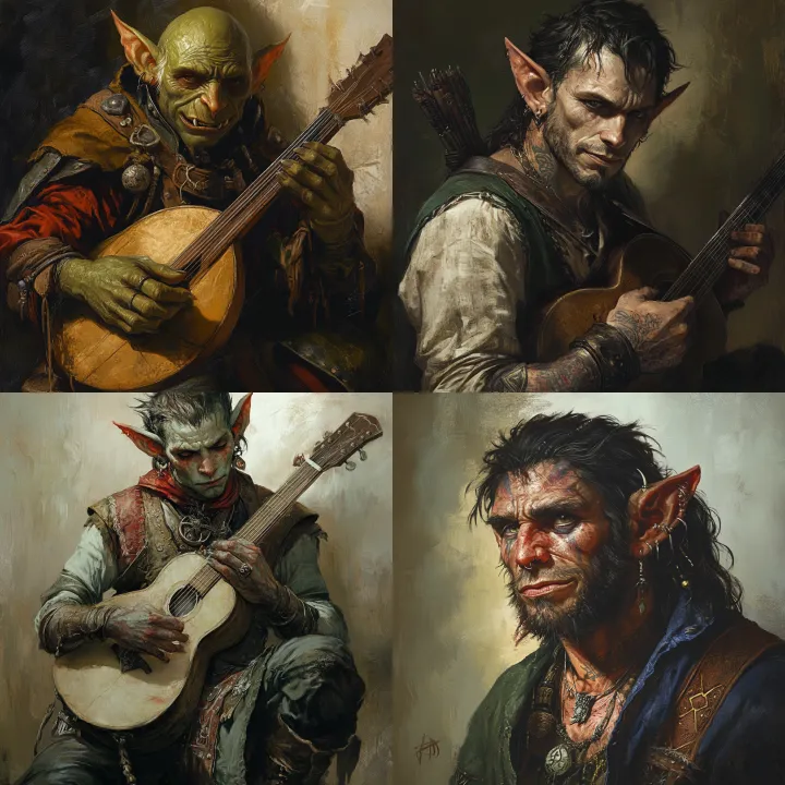 the portrait of a half elf half orc bard . He is b