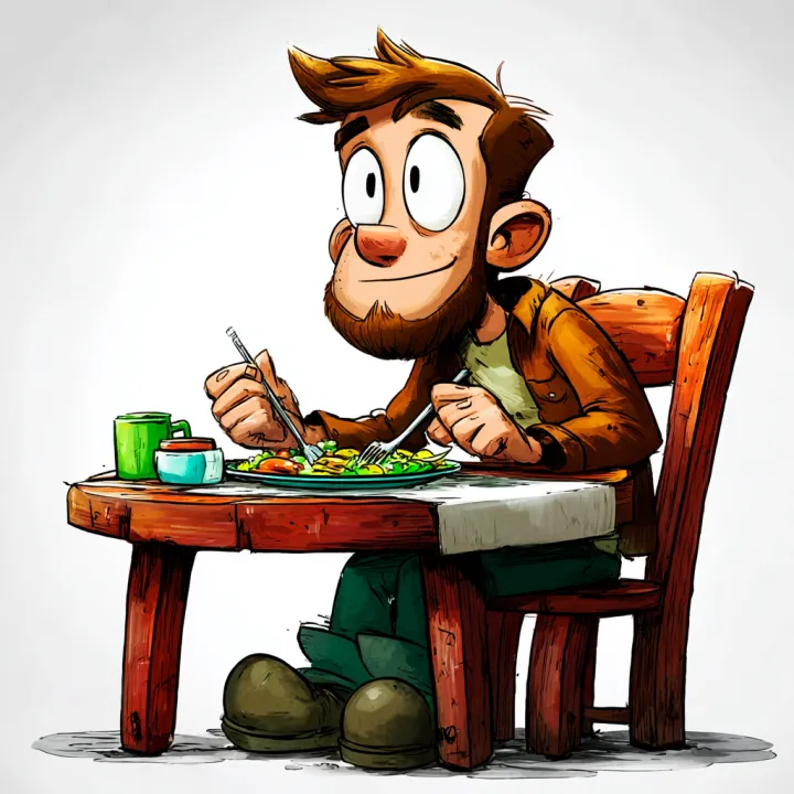 Cartoon style illustration of a man eating at a ta