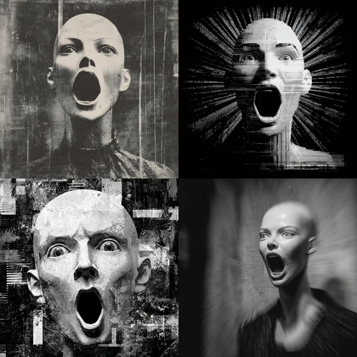 grunge and digital black and white screaming head 