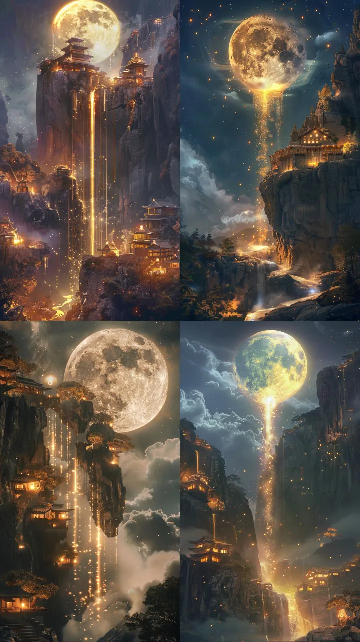 A surreal fantasy night scene featuring a massive 