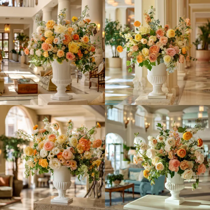elegant resort lobby floral arrangement in a large