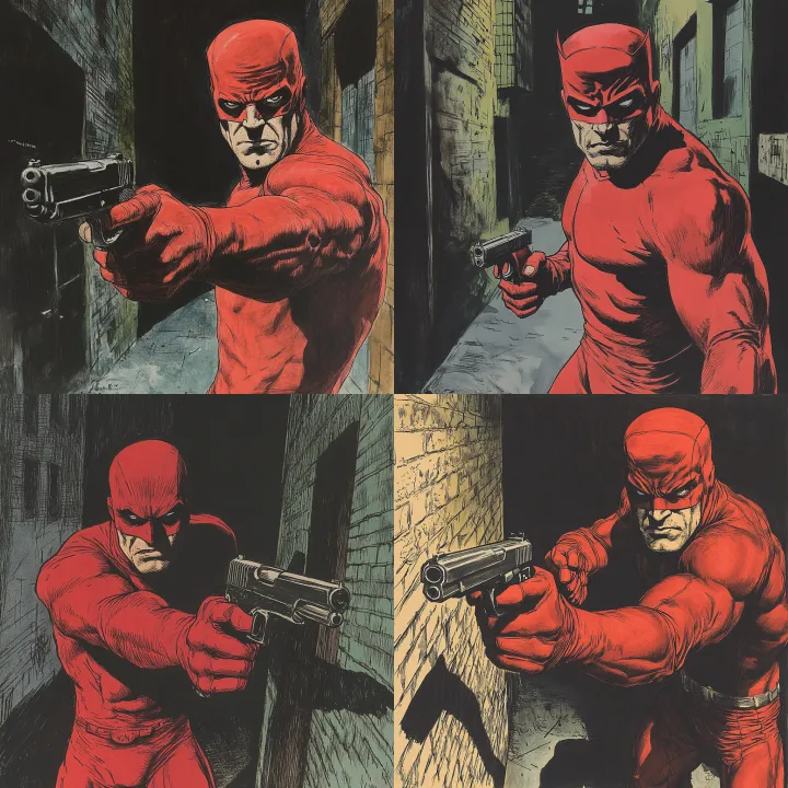 gritty violent vigilante in a red costume , drawn 