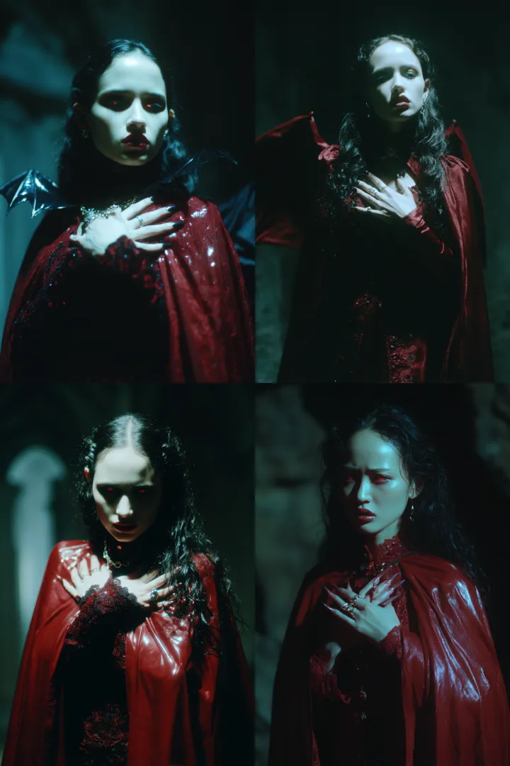 a female vampire dressed in red with black details