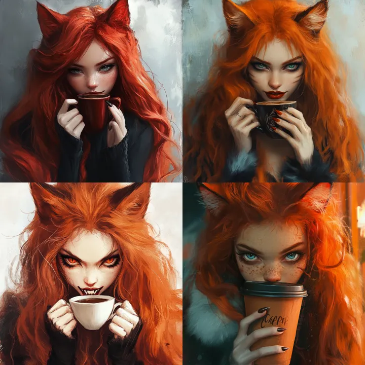 red haired cat girl with fangs and fluffy tail dri