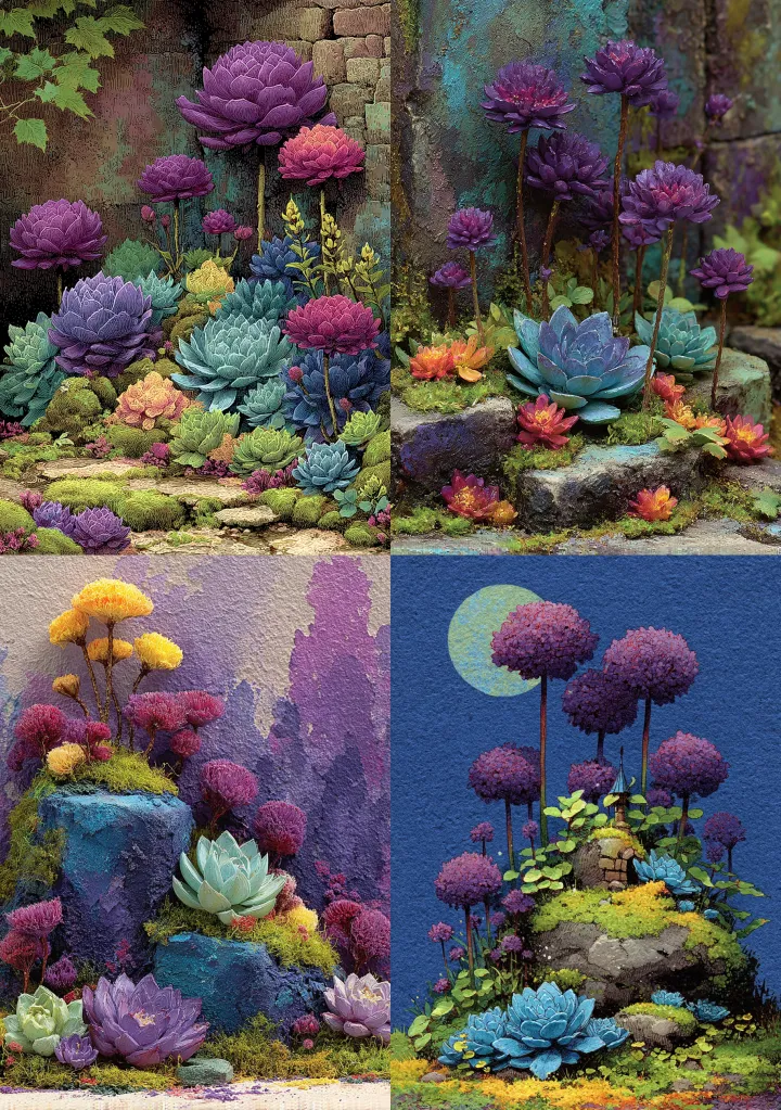 A fairy garden with miniature sedums and dwarf alo