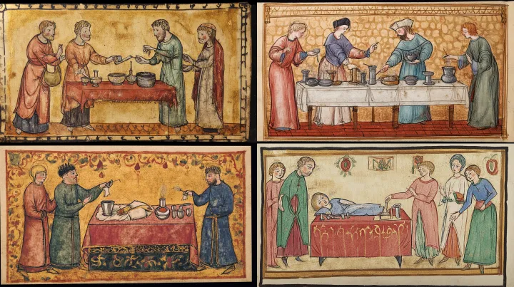 Medieval illuminated manuscript scene depicting [p