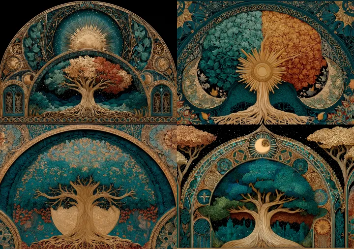 A bohemian celestial medicine wheel with sun and m