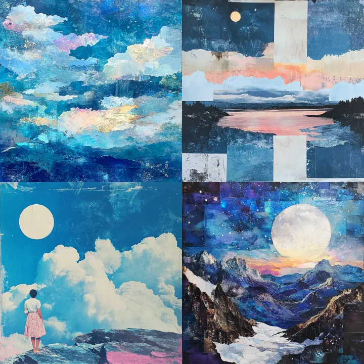 collage style sky pinting with cold colours