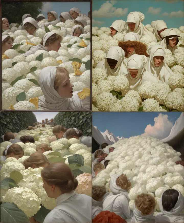 A field of white hydrangea flowers, a few women's 