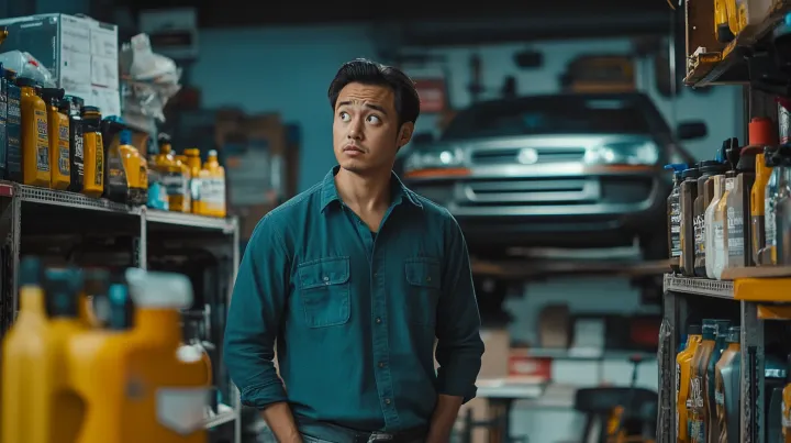 Asian man standing in a car repair shop , surround