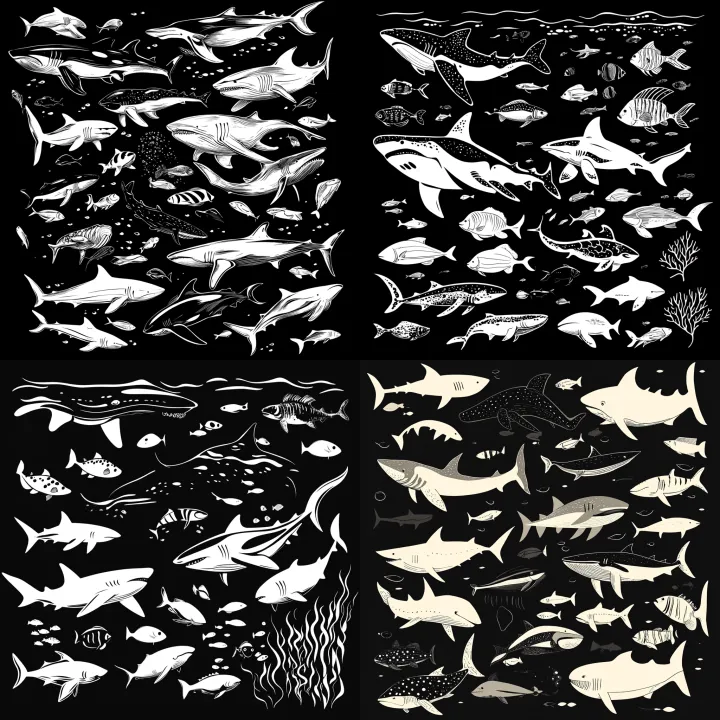 A vector cartoon drawing of fish , sharks , and wh