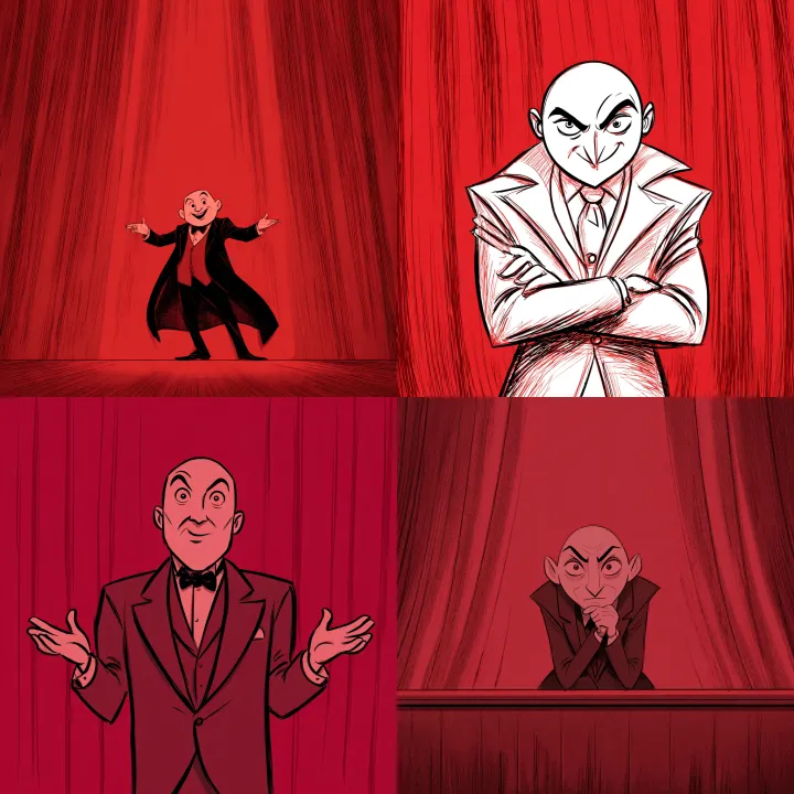 illustration of Dr Evil on stage in front of a red